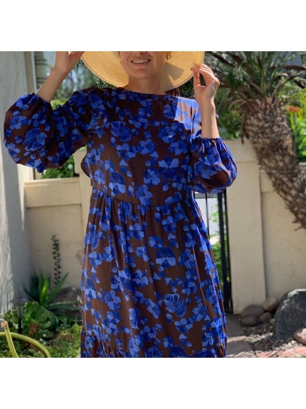 Adorable brown blue floral peasant midi dress - Picture 9 of 12